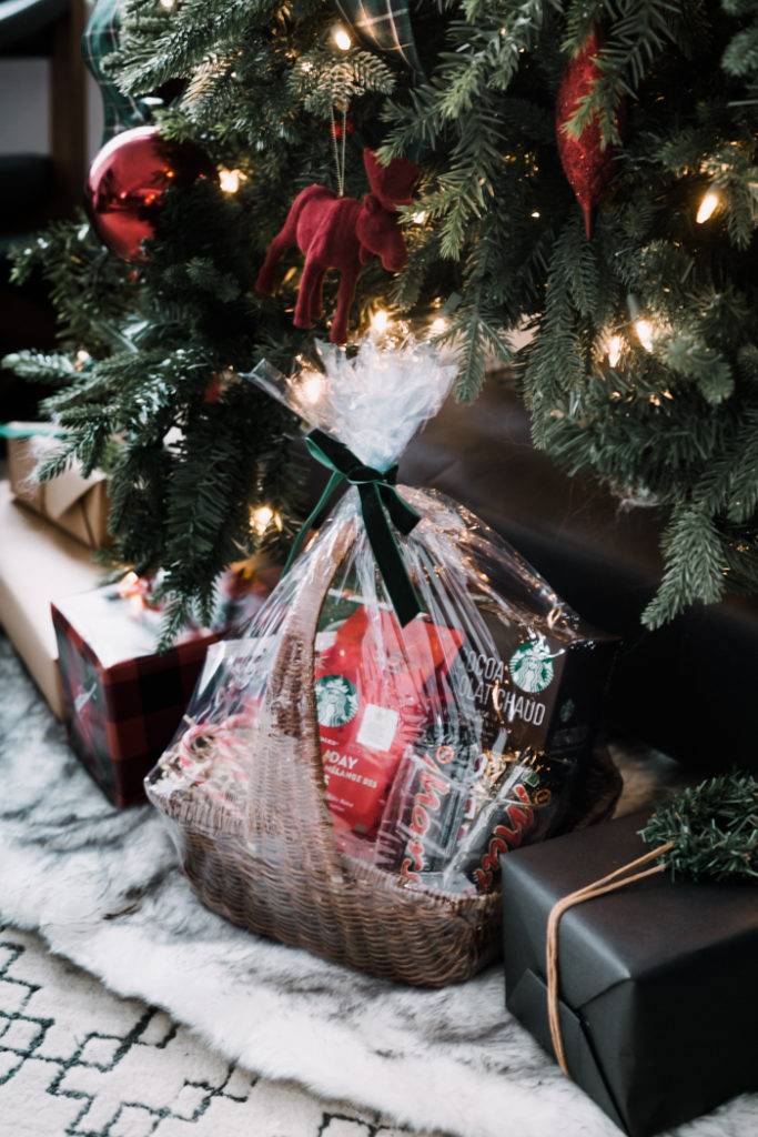 A wrapped gift basket for Christmas