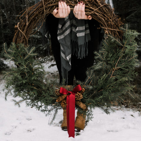 Giant holiday wreath from foraged greenery