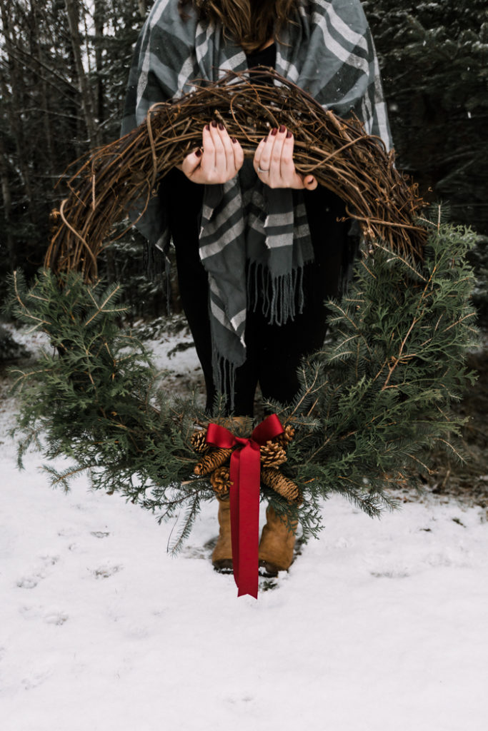 Giant holiday wreath from foraged greenery