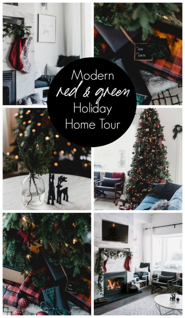 Collage of modern holiday home pictures with text overlay reading "modern red & green holiday home tour"