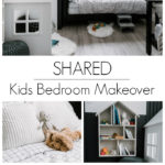 Collage of modern bedroom photos with text overlay reading "shared kids bedroom makeover"