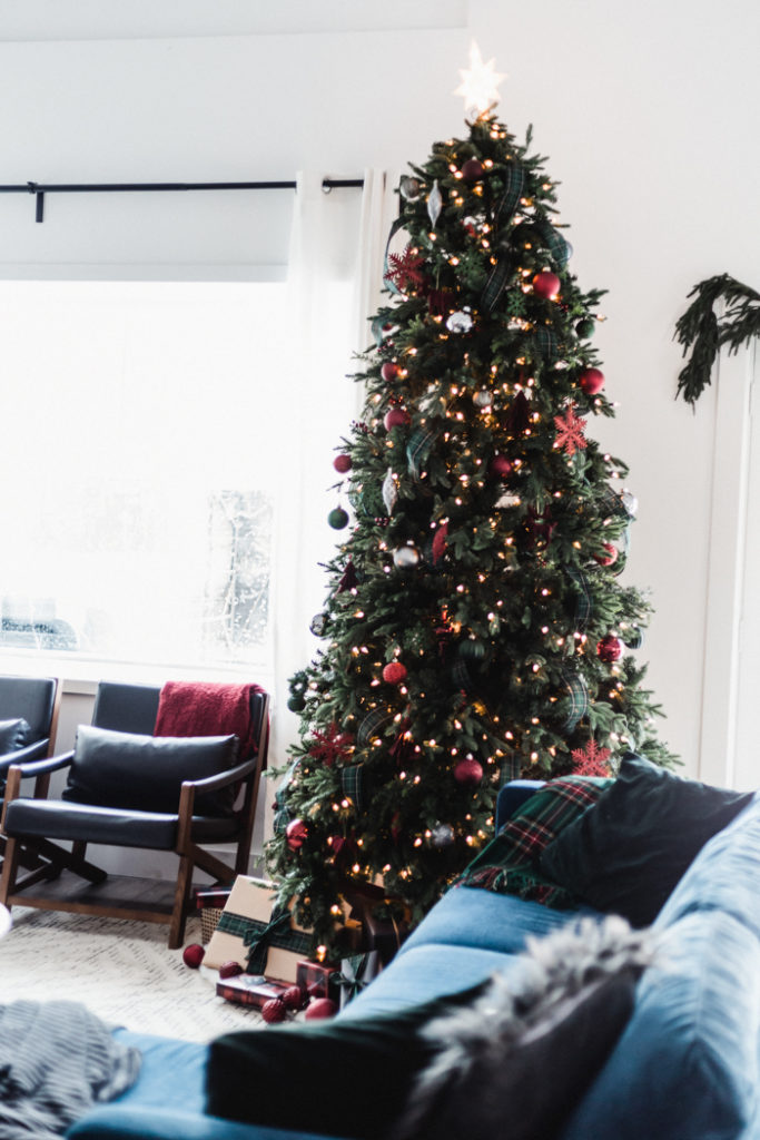 Red and Green Tree in Living Room