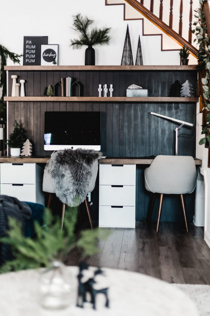 Desk decorated for Christmas