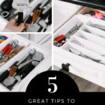 Kitchen organization collage with text reading "5 great tips to organize your cutlery drawers"