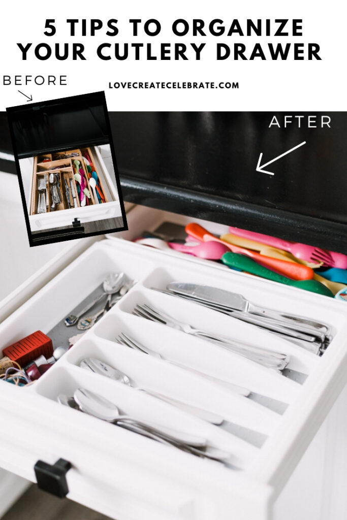before and after cutlery drawer photos with text reading "5 tips to organize your cutlery drawers"