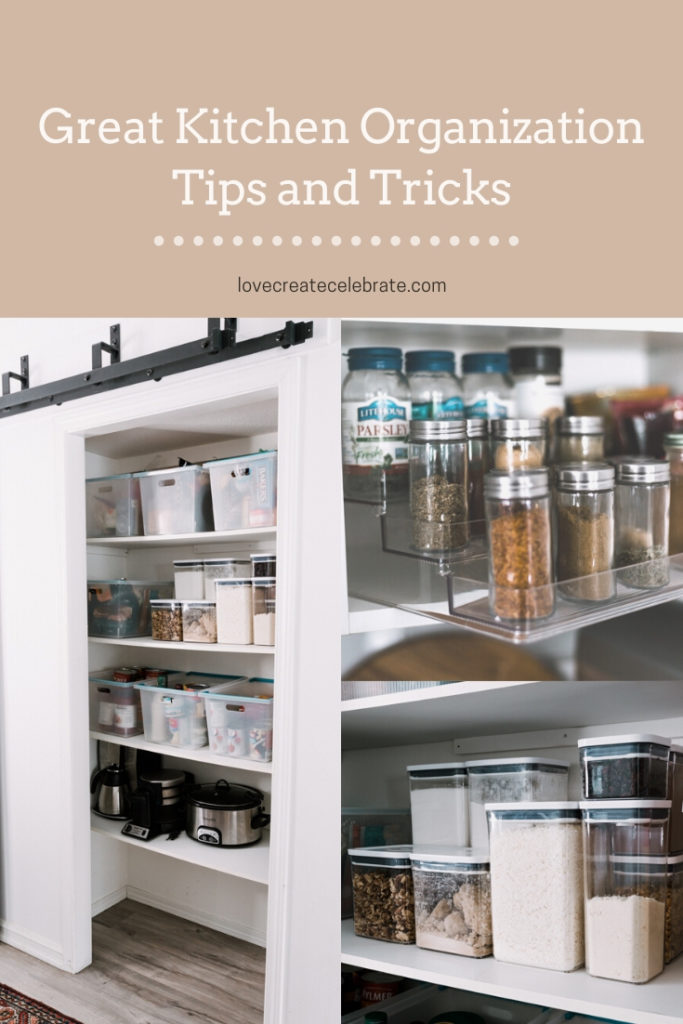 beautiful, organized kitchen photos with text overlay reading "great kitchen organization tips and tricks"