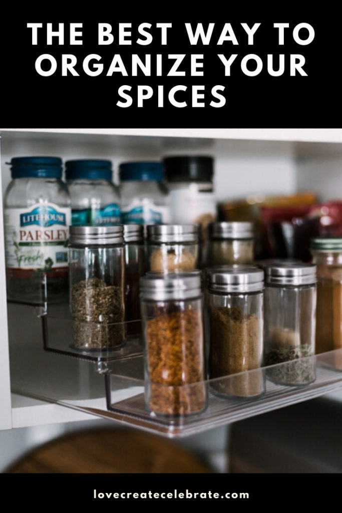 photo of organized spice rack with text reading, "The best way to organize your spices"