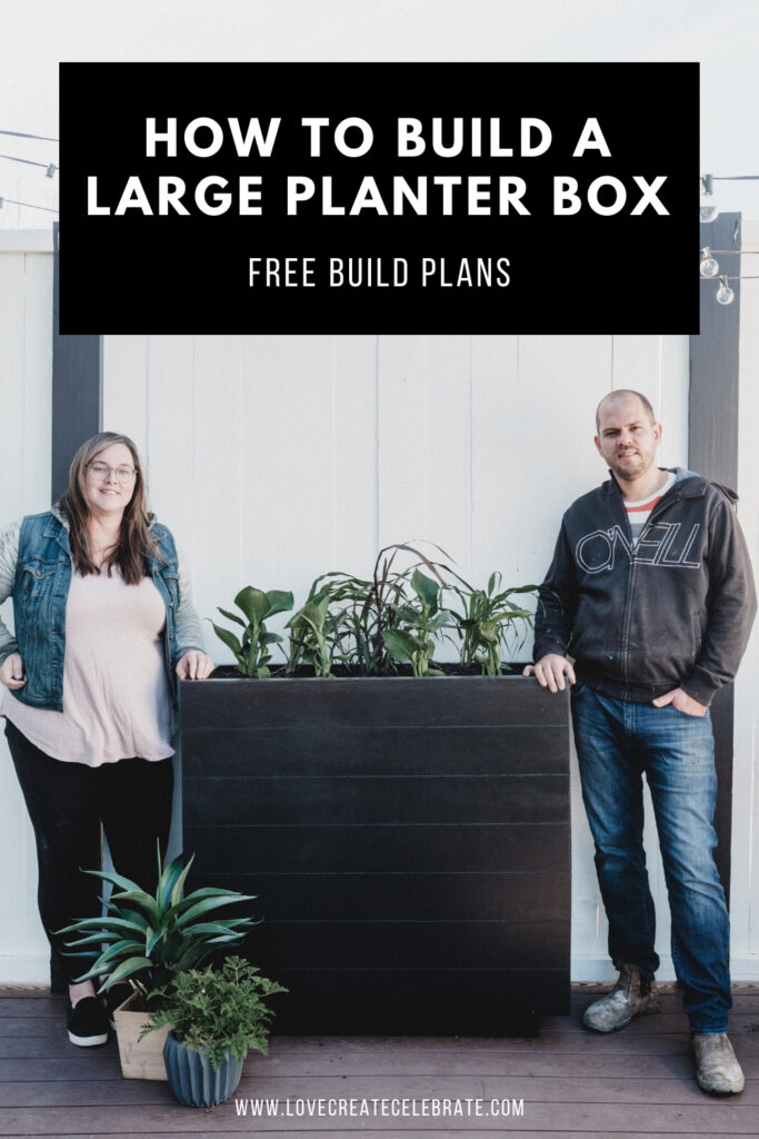 Photo of couple with large planter box and overlay text reading "How to Build a Large Planter Box"