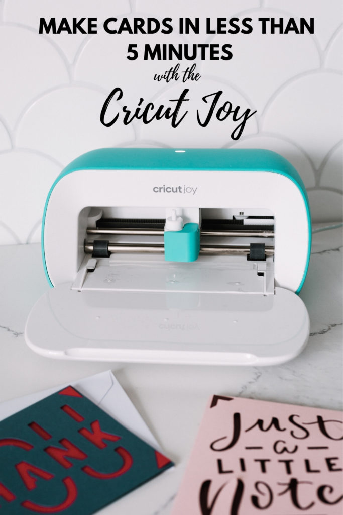 Pciture of Cricut Joy with text reading "Make cards in less than five minutes"