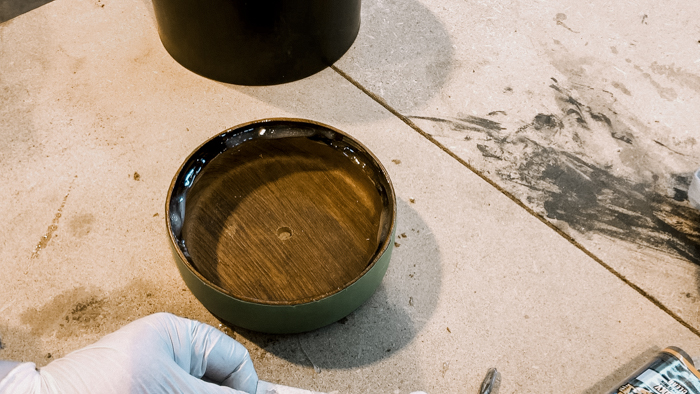 Gluing DIY wooden bowl to make planter