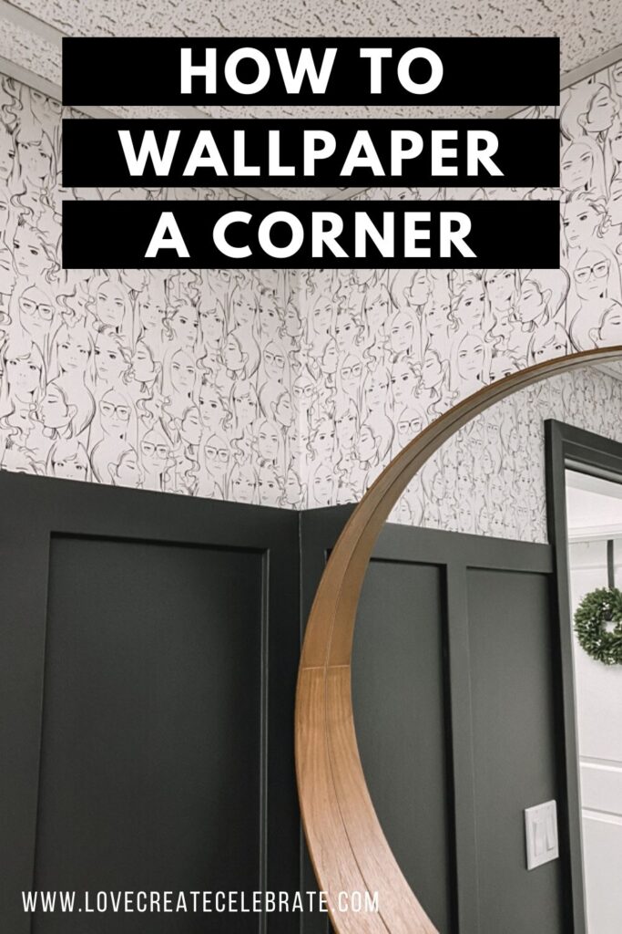 Wallpapered bathroom with text reading how to wallpaper a corner