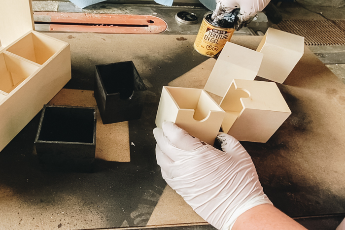 Staining wood herb garden planter boxes