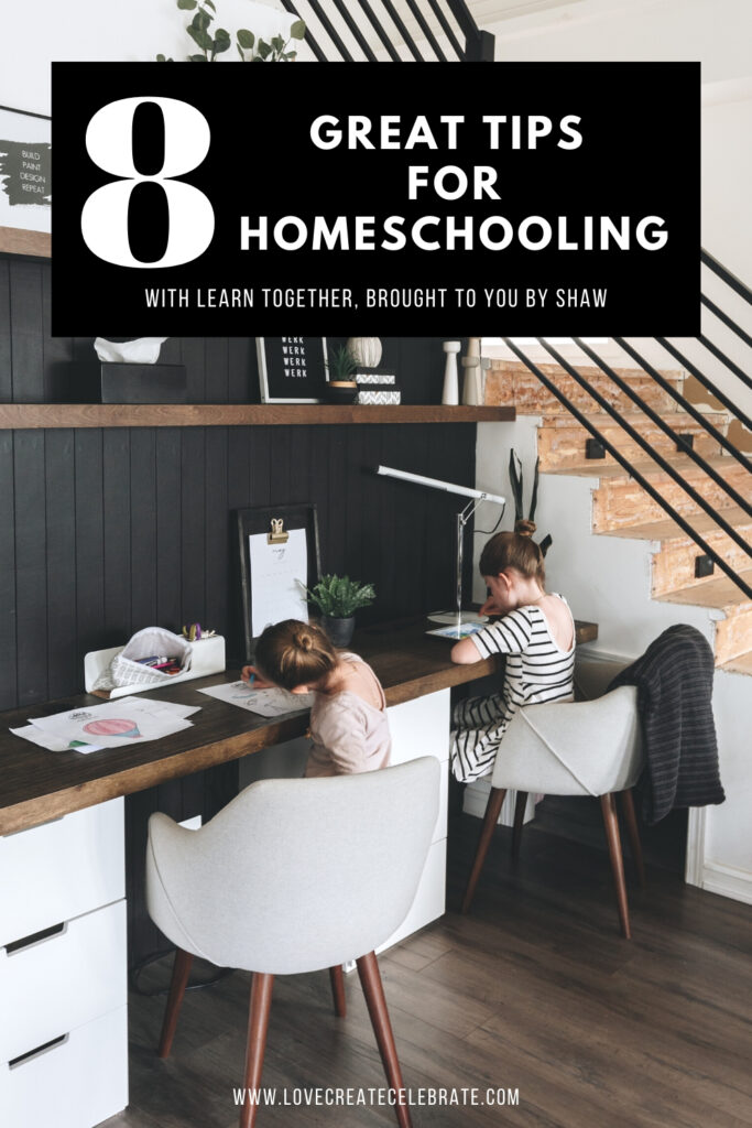 Photo of Children at a desk learning with text overlay reading 8 Great Tips for Homeschooling