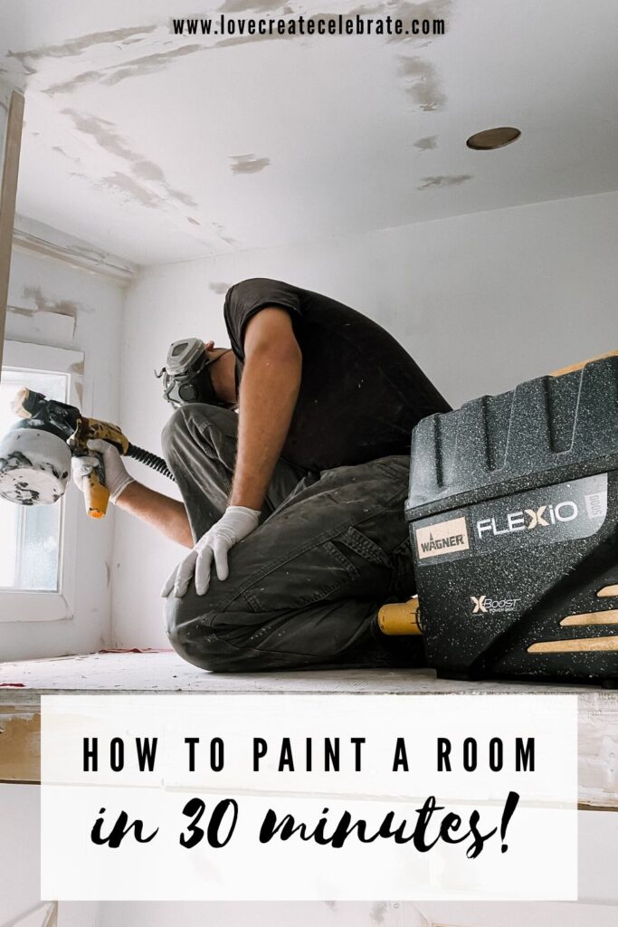 Using a paint sprayer with text overlay reading how to paint a room in 30 minutes