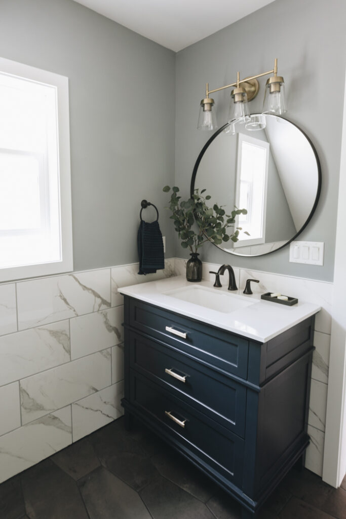 Blue and grey farmhouse bathroom