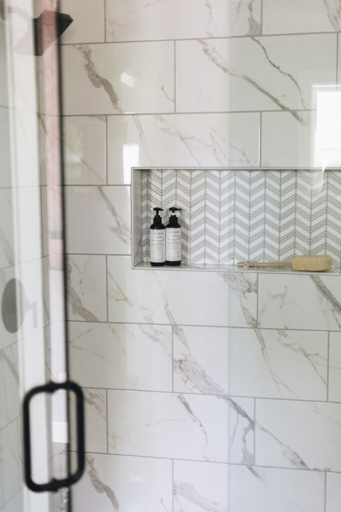 beautiful white and grey modern farmhouse shower