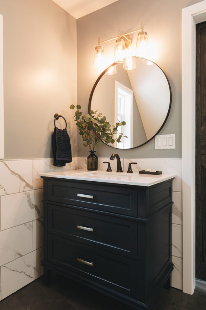 beautiful small vanity in modern farmhouse bathroom