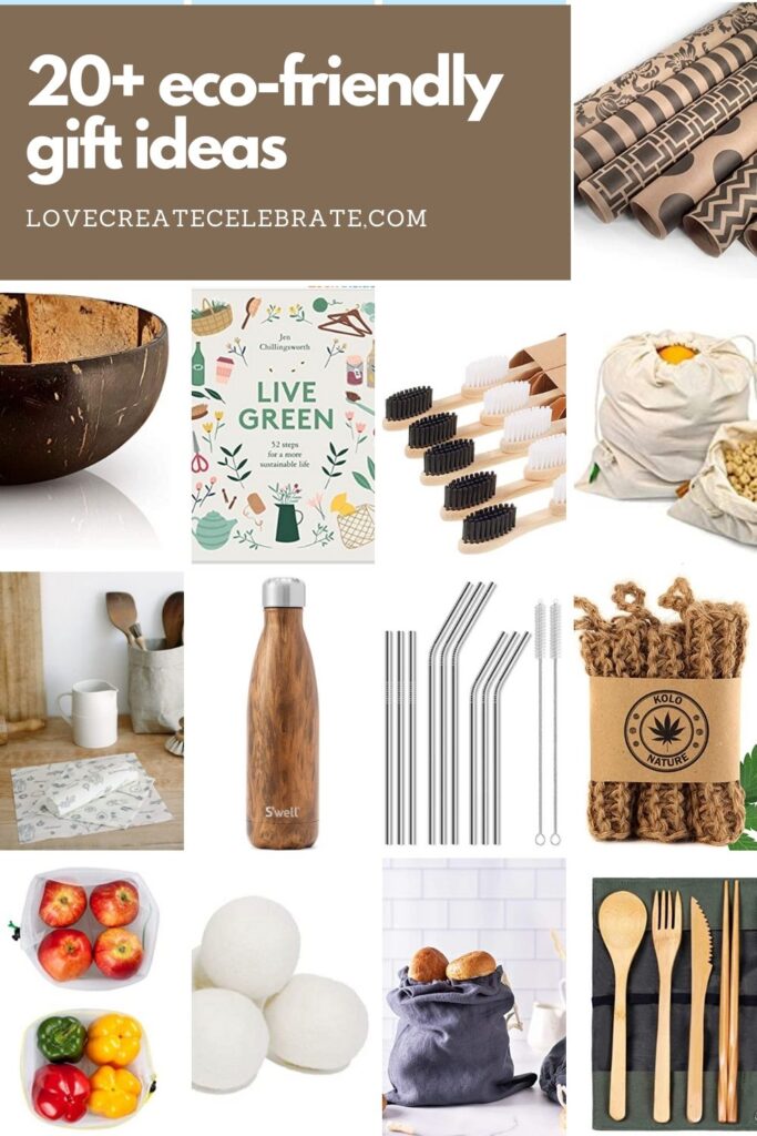 Collage of gift ideas with text reading 20+ eco-friendly gift ideas