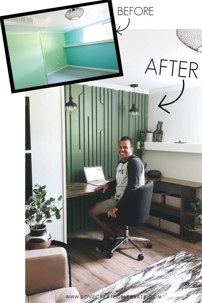 Before and after of home office accent wall