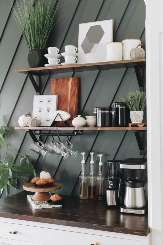 fall coffee station styling with mini pumpkins