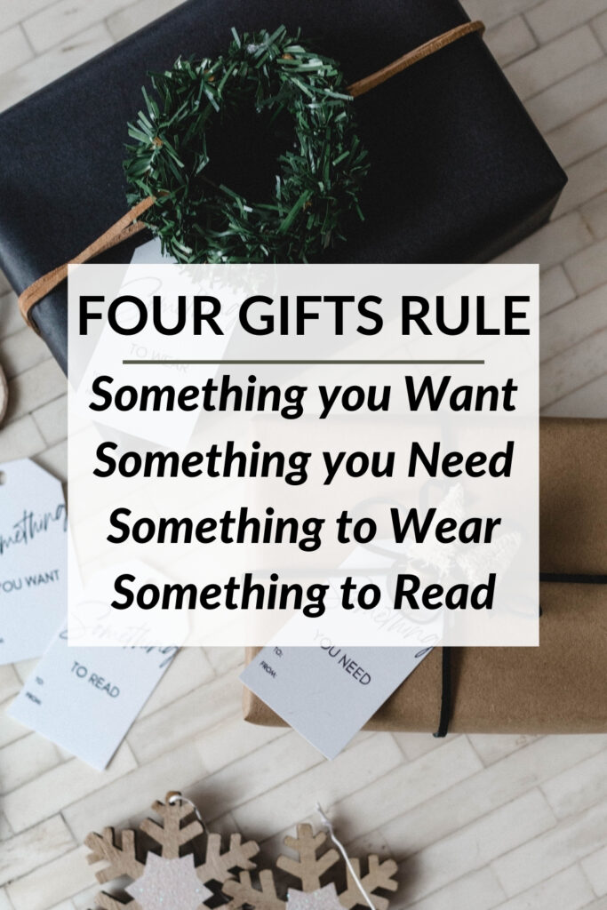 Gift collage with text about the four gifts of Christmas rule