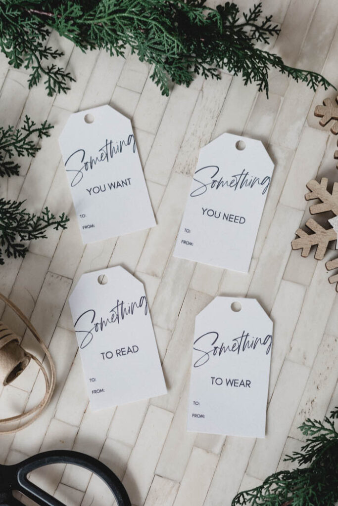 Simple printable gift tags for the gifts you want, need, wear, and read