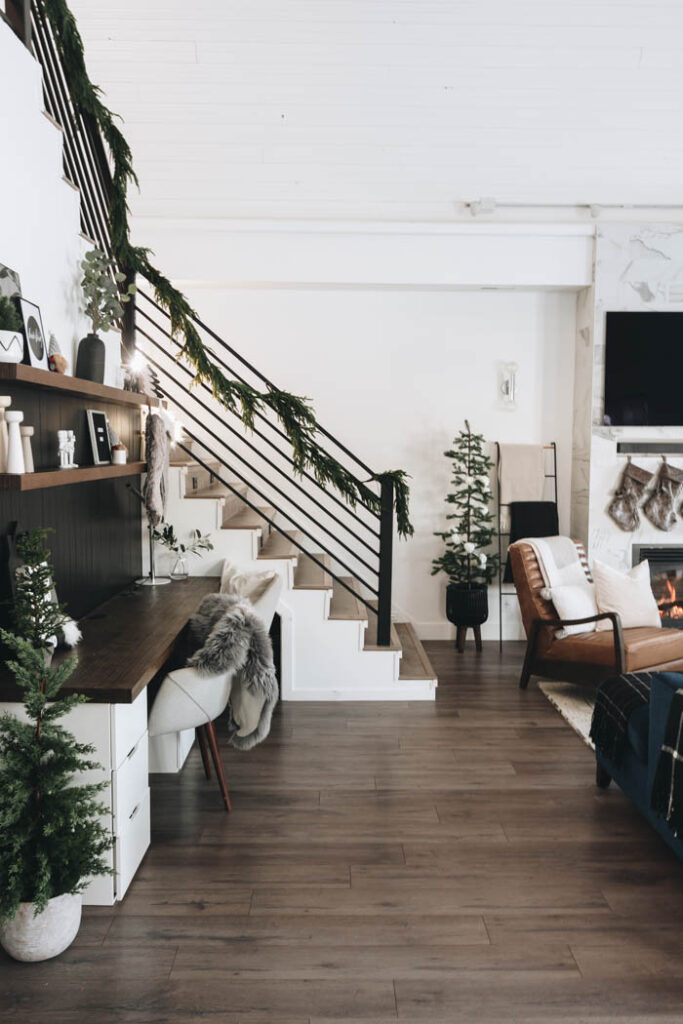 modern stairway Christmas garland