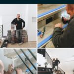 collage of photos installing laminate flooring on stairs with text reading DIY laminate flooring