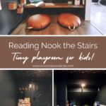 collage of kids playroom under the stairs, with text reading "reading nook under the stairs"
