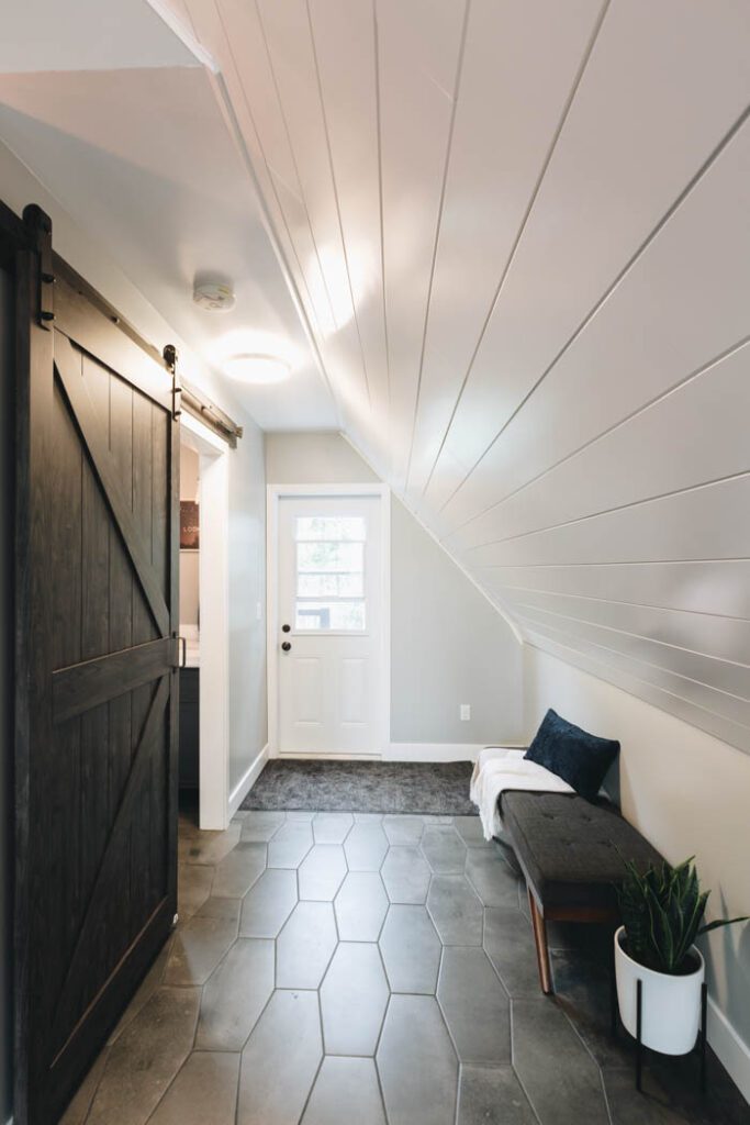 beautiful shiplap sloped ceiling