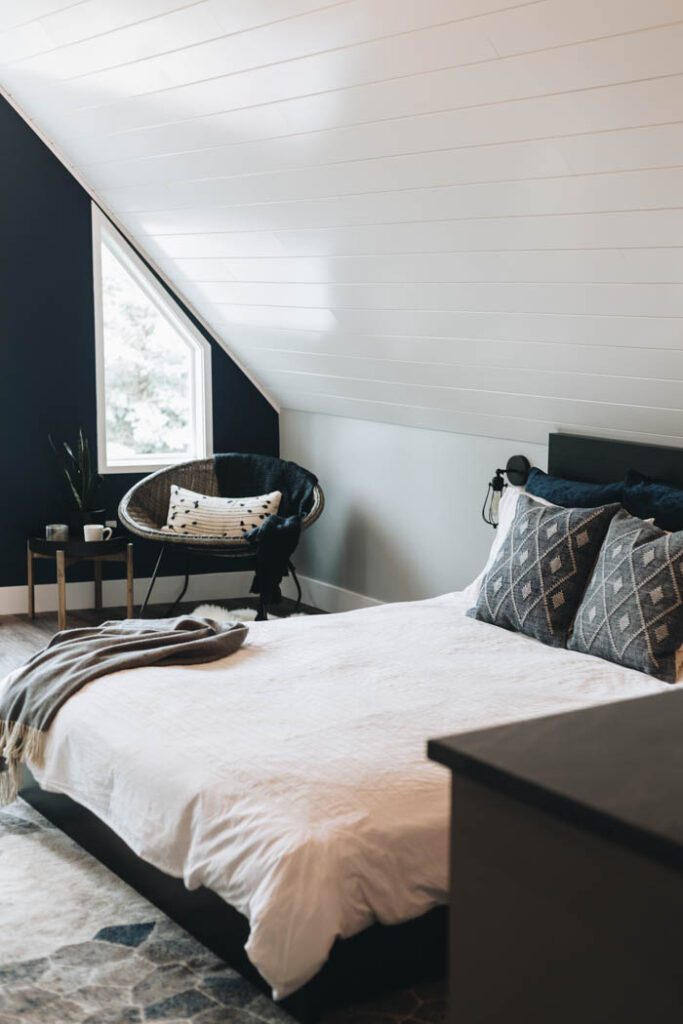 modern farmhouse bedroom with shiplap ceiling
