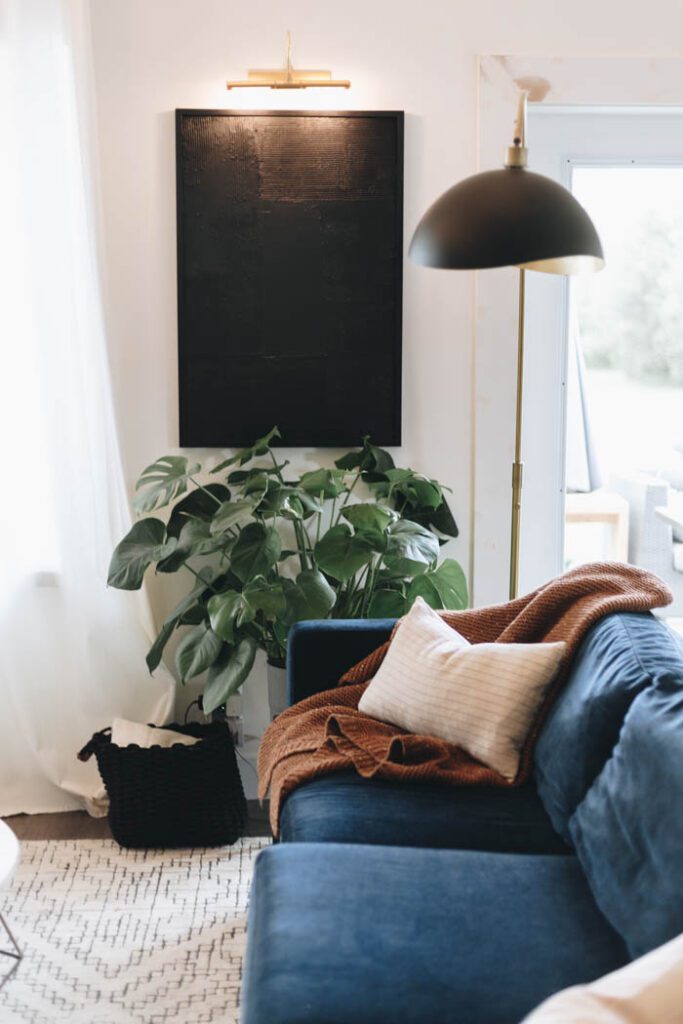 fall blue couch styling