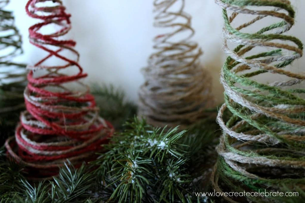 Red green and natural string Christmas trees