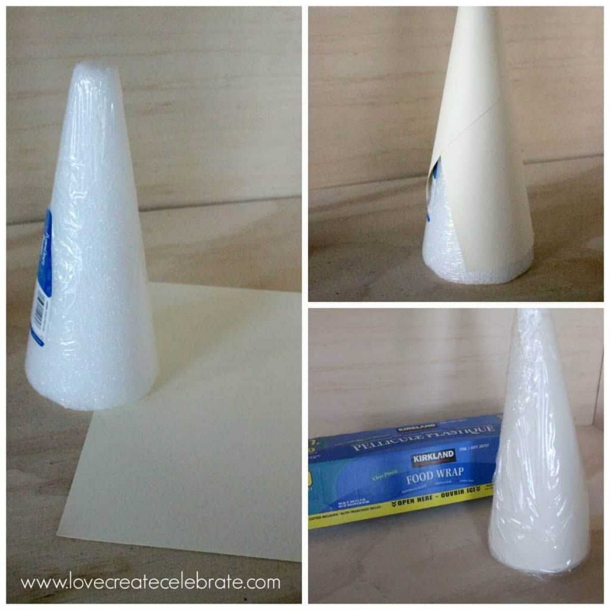 Image collage of foam cones wrapped in plastic
