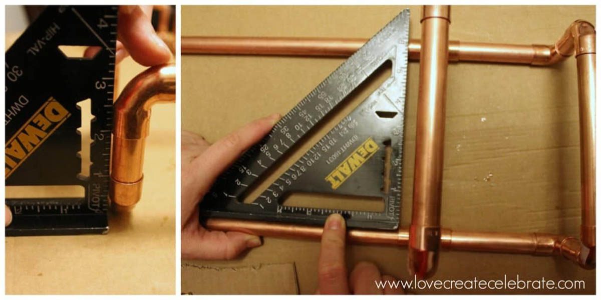 Image collage of measuring angles of the copper wine rack
