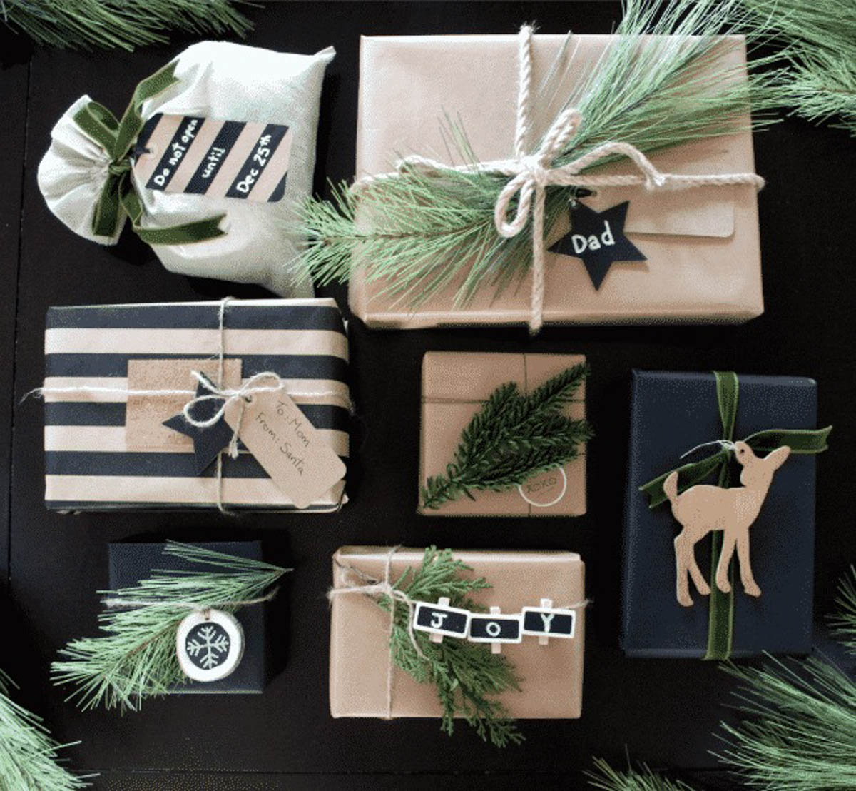 Image of multiple boxes wrapped in rustic gift wrapping paper