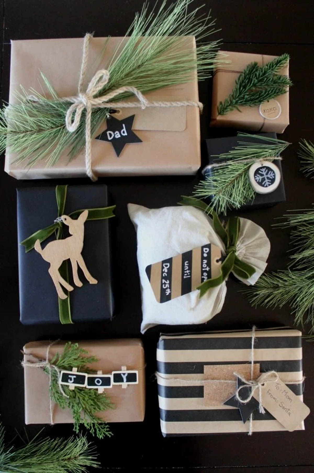 Multiple gifts wrapped in rustic gift wrapping paper