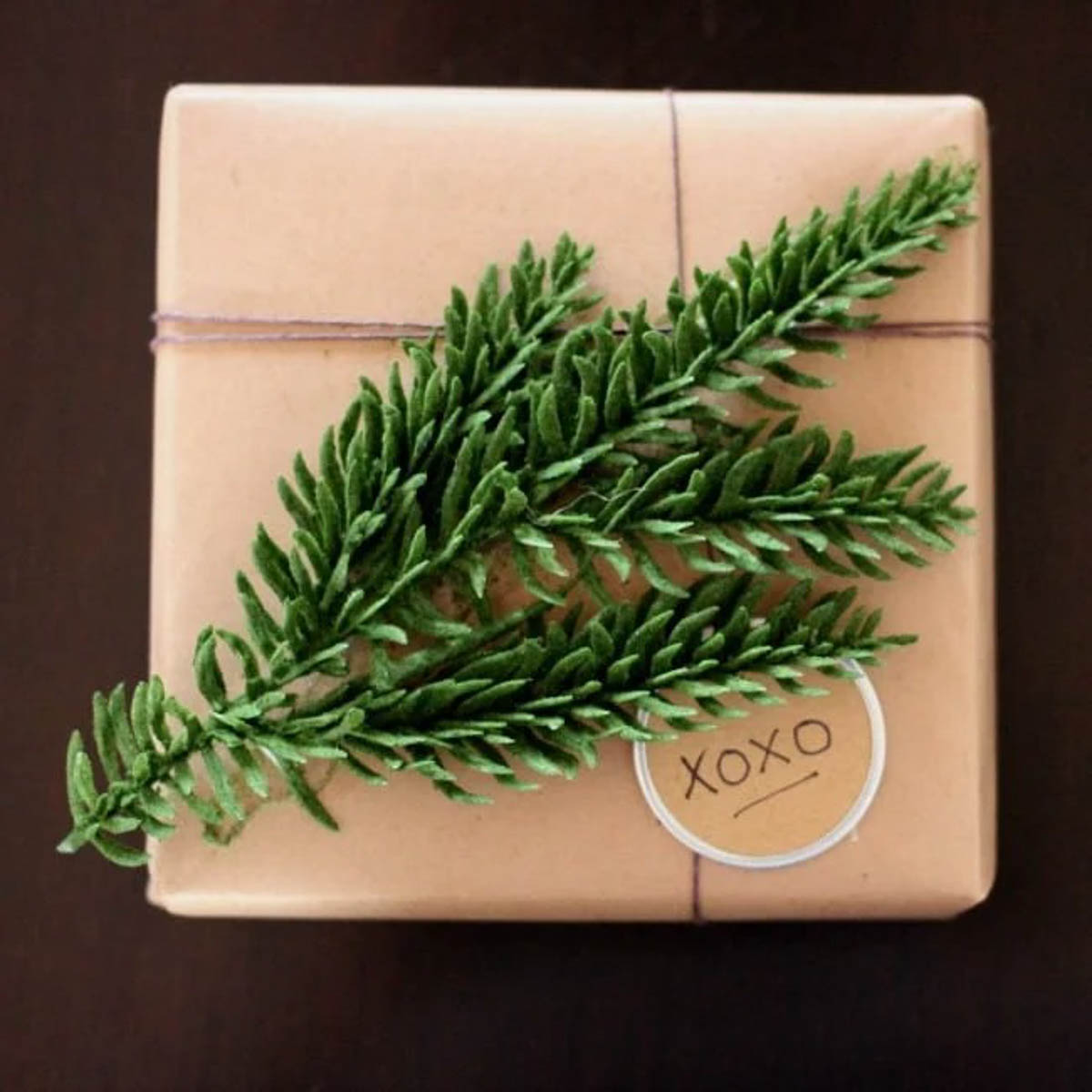 rust gift wrapped present with greenery and xoxo tag