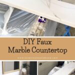 collage of DIY countertop pics with text reading "DIY Faux Marble Countertops"