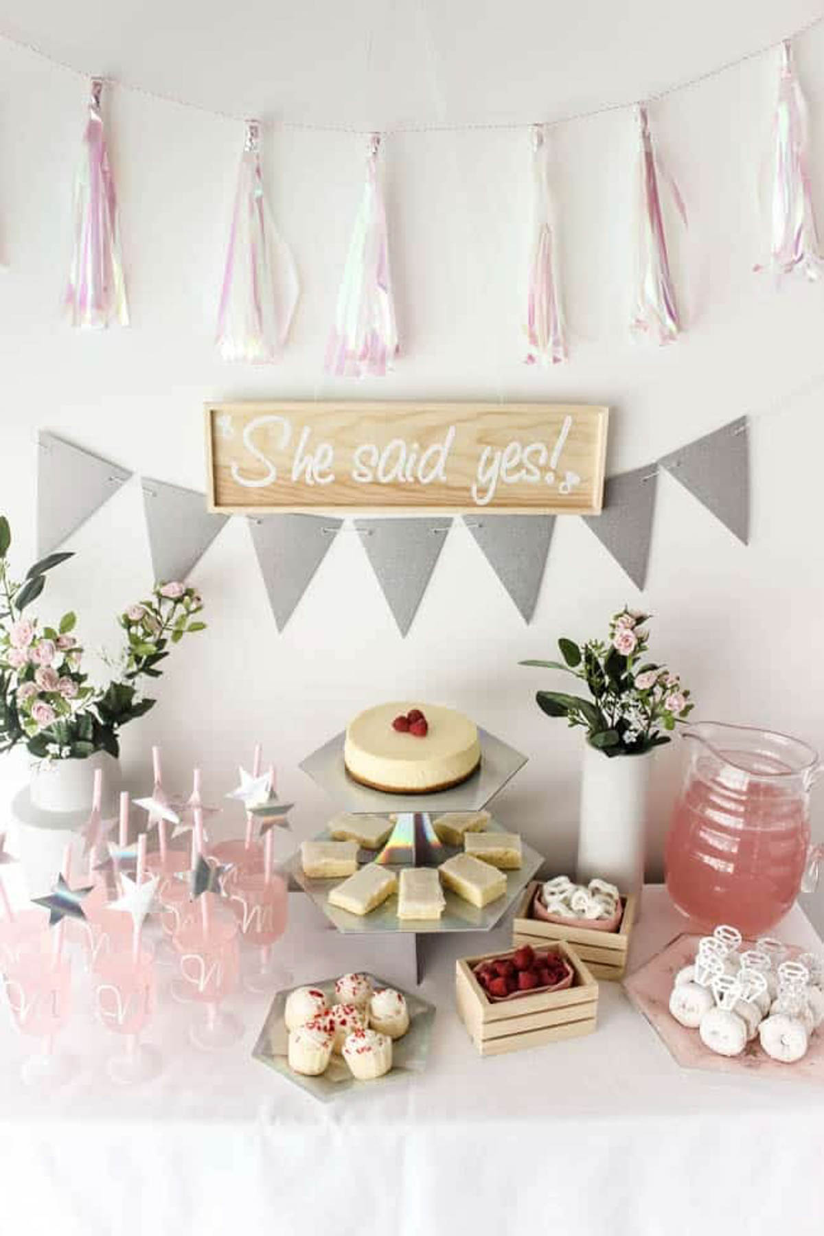 Bridal shower decorations on a dessert table