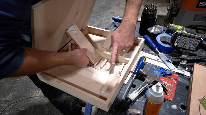 adding stop blocks to front view of DIY Tabletop Easel opening mechanism