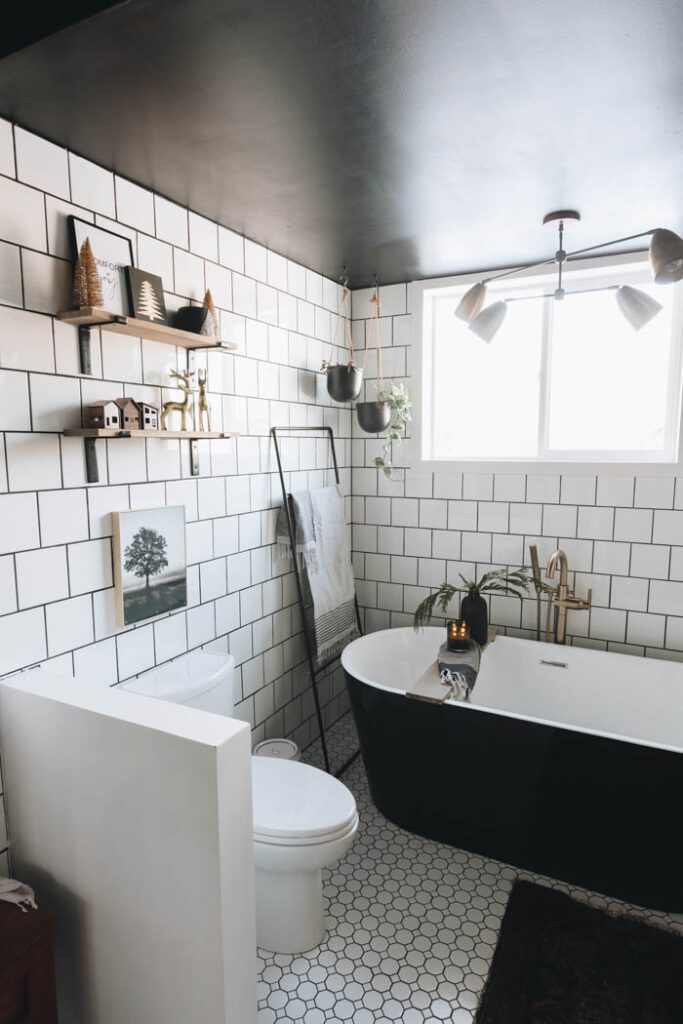 black and white bathroom decorated for Christmas