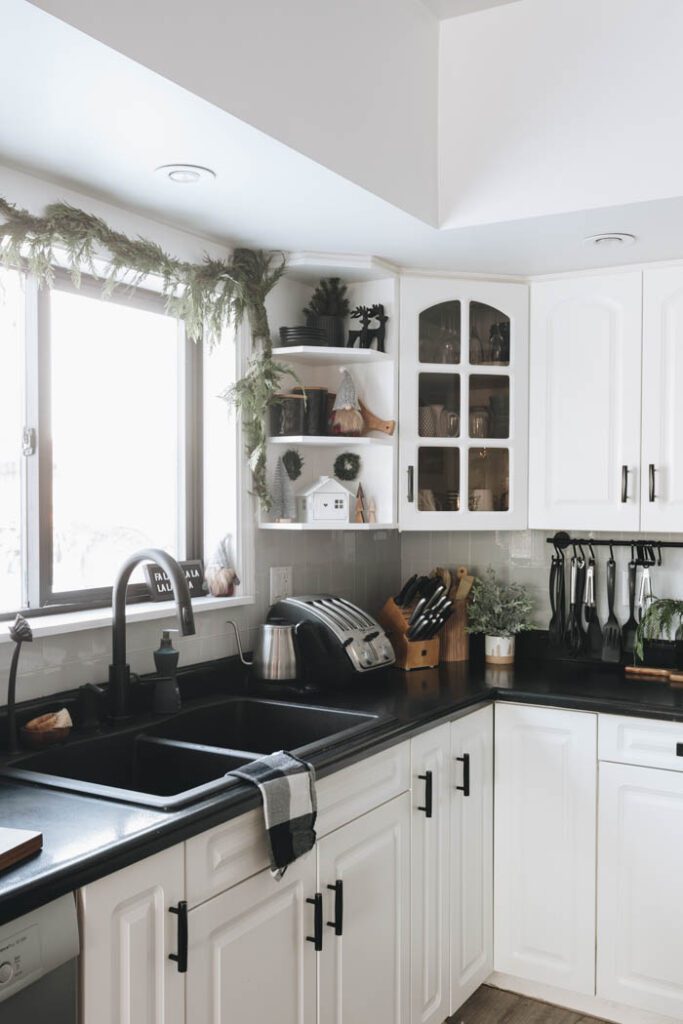 black and white kitchen decorated for Christmas