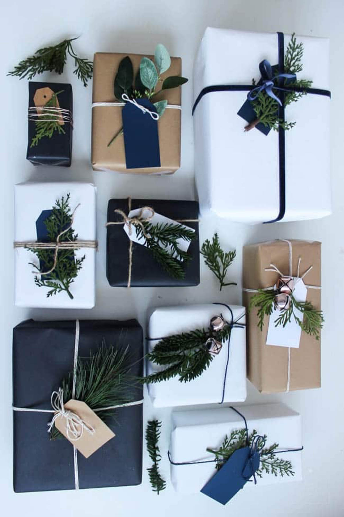 Collection of boxes wrapped in DIY gift wrap.