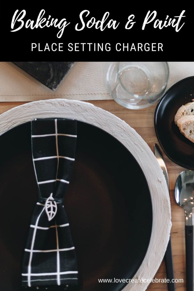 baking soda and paint charger under black plate in place setting with text overlay