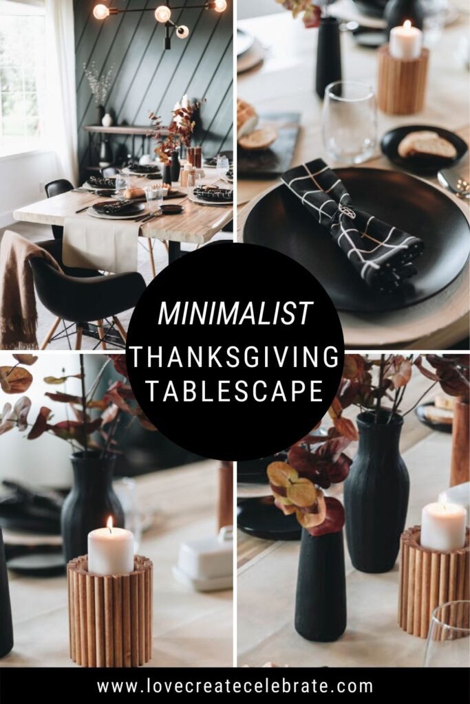 image collage of four DIYs used in the minimalist Thanksgiving tablescape withe text overlay