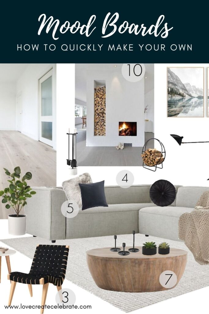 Modern Scandinavian mood board with text reading "Mood Boards - how to quickly and easily make your own"