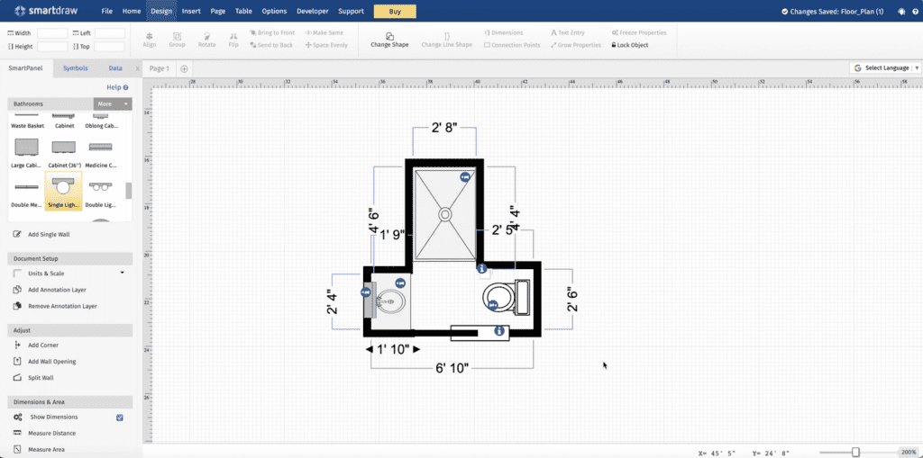 smartdraw room layout with fixtures