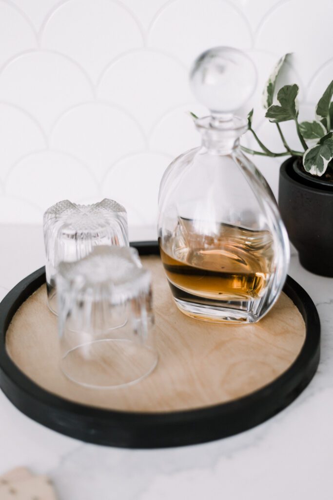 Modern wood tray with drink decanter and 2 glasses