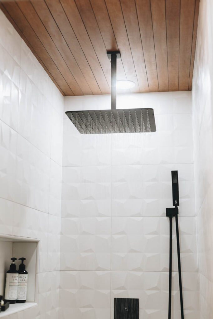 shower with DIY wood celing